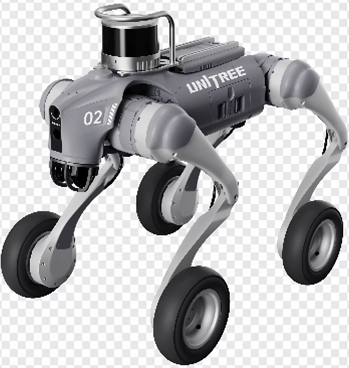 Unitree Go2‑W Standard Edition quadruped wheeled robot, standing in indoor setting with silver-black aluminum body, 7-inch pneumatic tires, and front-mounted LiDAR module.