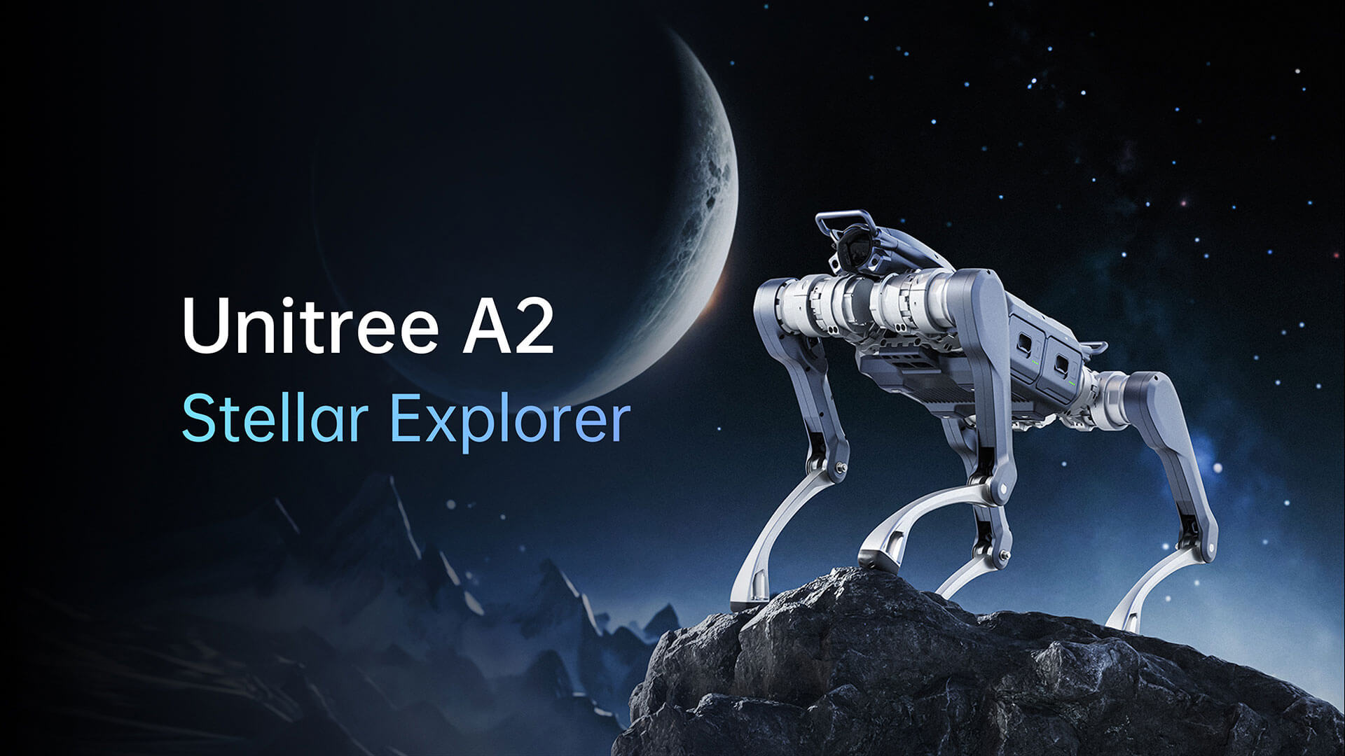 Unitree A2 quadruped robot (robot dog) is shown standing upright with its black body, showcasing a futuristic industrial design.