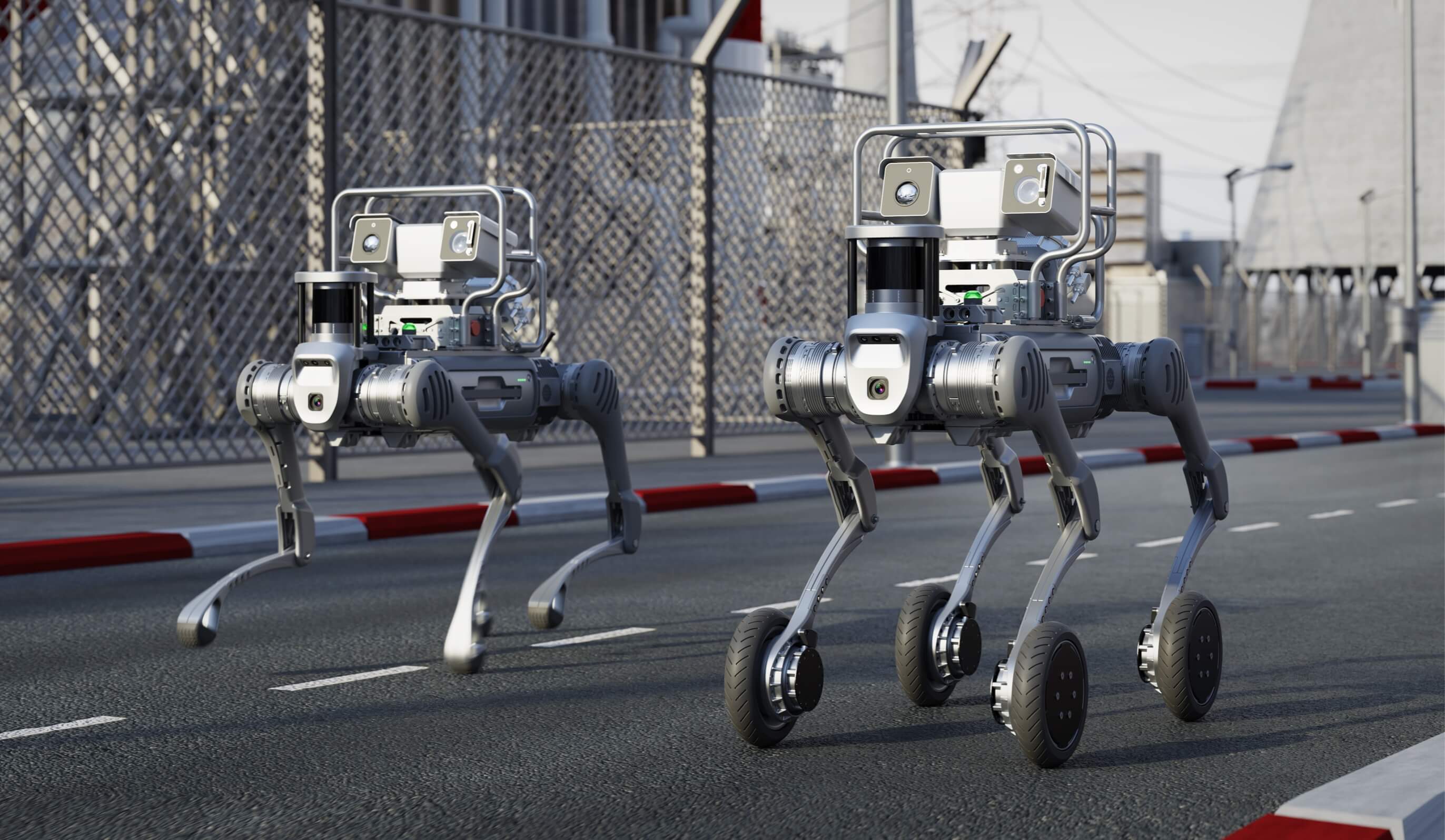 The Unitree B2 W robot is in its standard outdoor operation posture, and its body is equipped with industrial warning labels and functional module interfaces.