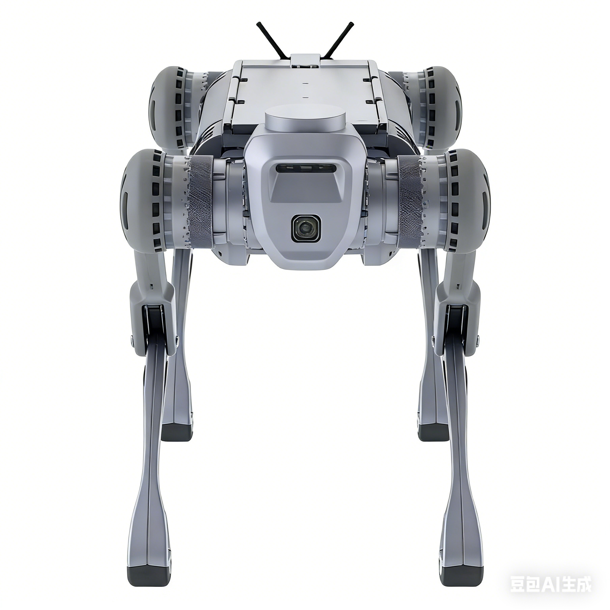 The Unitree B2 quadruped robot (robot dog) is shown in its standard silver-gray body, featuring a compact and simple design.