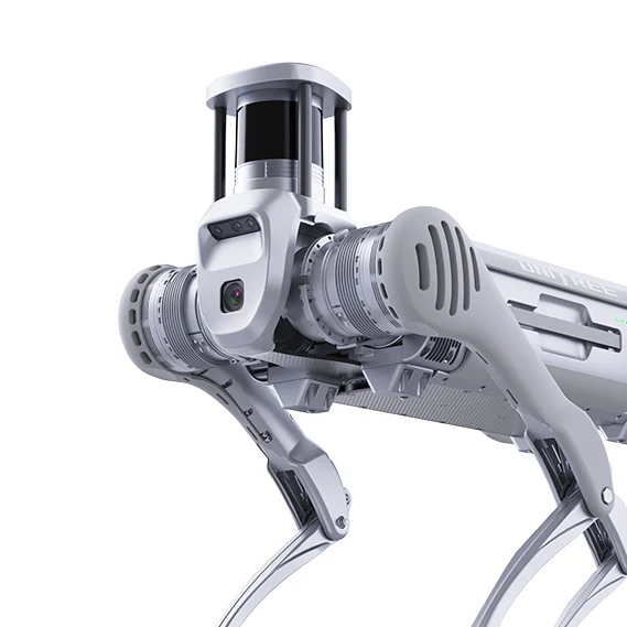A side view of the Unitree B2 robot dog, showcasing its standard movement posture and modular body structure.