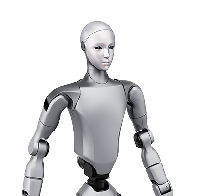 The Unitree H2 humanoid robot, with a metal body, is in a stand-up, idle position.